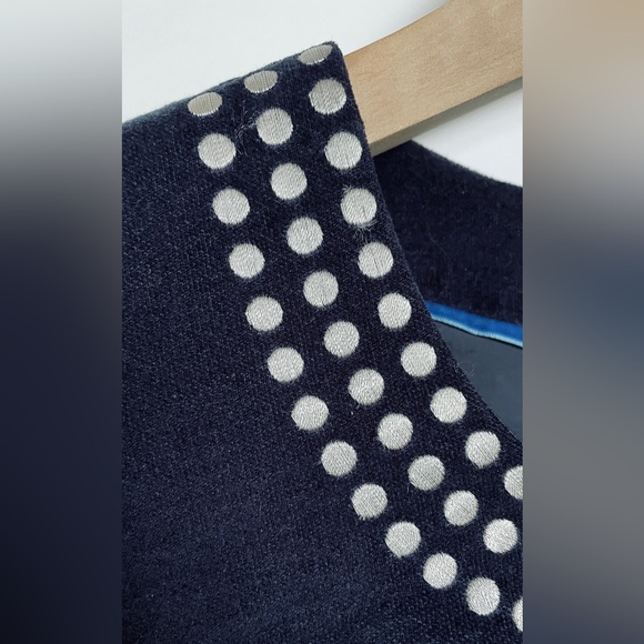 BODEN // navy blue velour velvet fit & flare  mini dress shirt sleeve polka dot - Picture 3 of 12